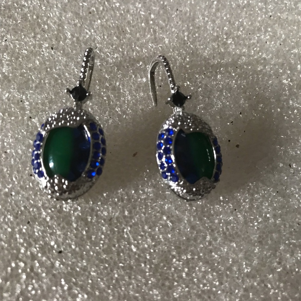 Silver-Tone Green glass and Blue Drop Earrings - Picture 2 of 3